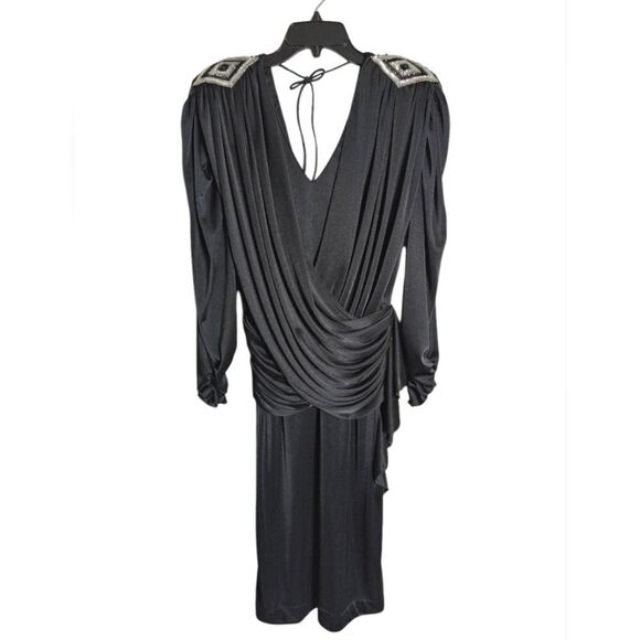Disco Vintage Variations 80s 70s Dynasty Black Sequin Draped Midi Dress S 6/8 - Picture 4 of 9